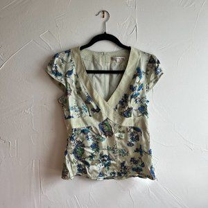 Vintage Nanette Lepore Green and Blue Patterned Silk V-Neck